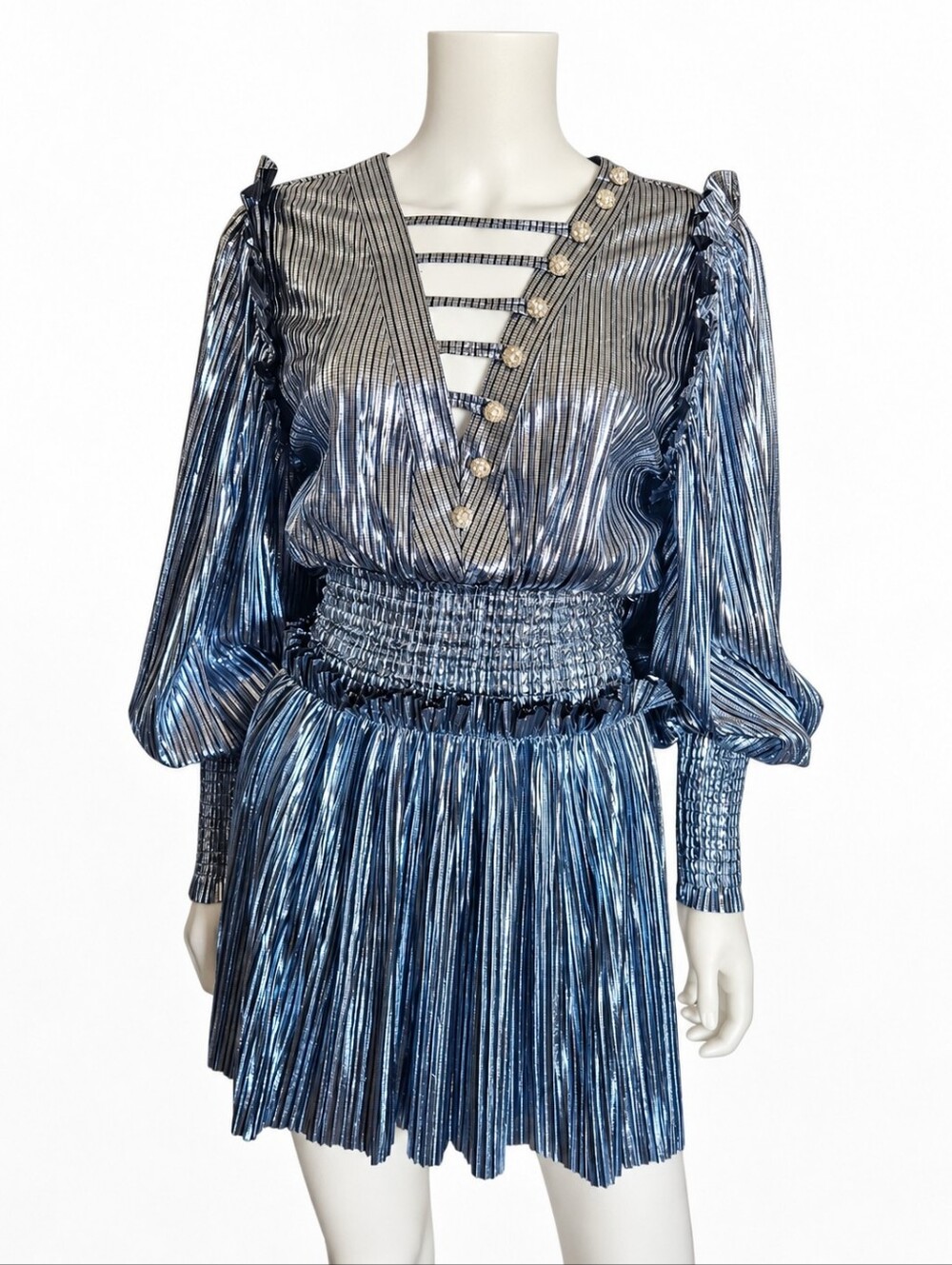 RAISA VANESSA | Metallic Blue Silver Pleated Mini Dress Crystal Button XS 34 NWT